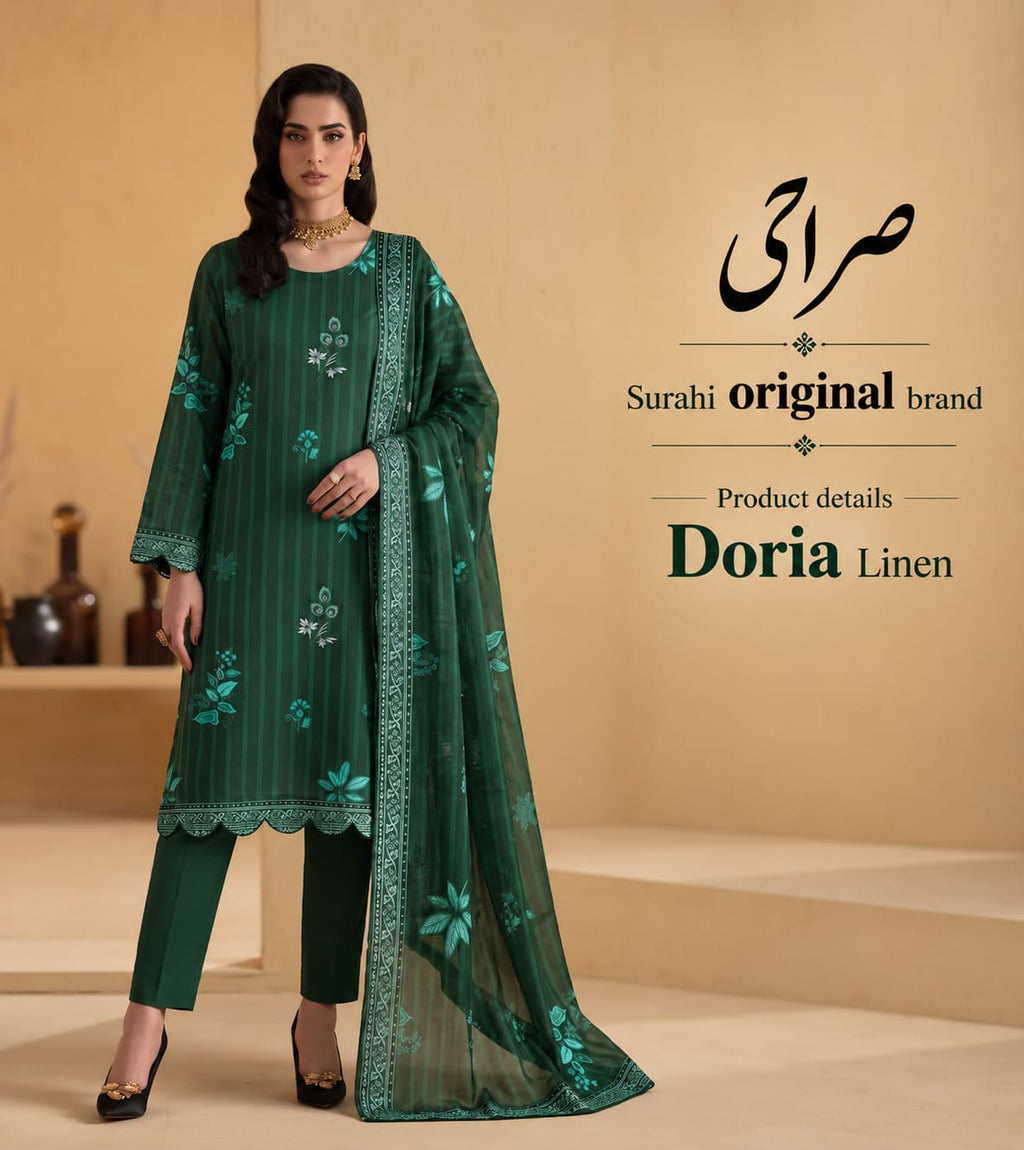 Shop Surahi Digital Printed Doria Linen 3 Piece at zairahofficial. Explore Affordable Unstitched Suits in Pakistan with elegant prints and premium fabric.